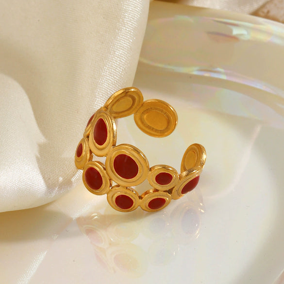 Wholesale Women's Retro Hip Hop Geometric Round Red Oil Drop Titanium Steel Ring With Electroplating