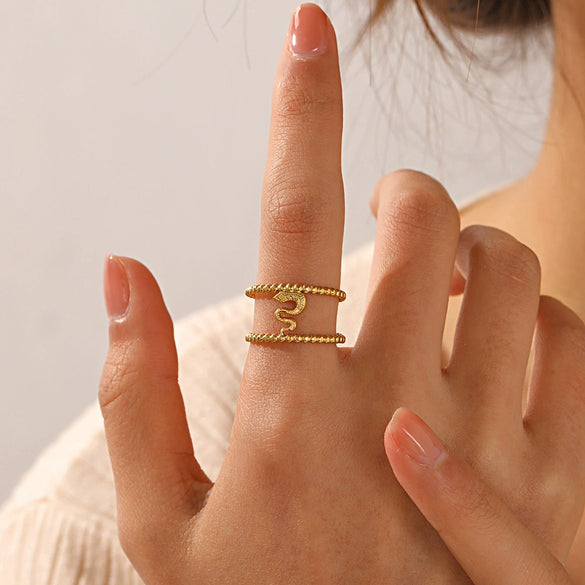 Wholesale Women's Retro Hip Hop Snakeshaped Stainless Steel Doublelayer Goldplated Ring