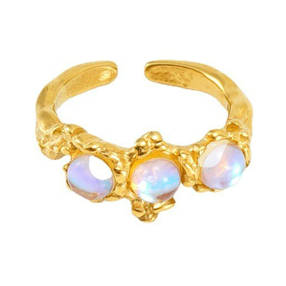 Wholesale Women's Retro Hip Hop 316L Stainless Steel Moonstone Ring With Irregular Geometric Line And Heart Pattern Microinlay
