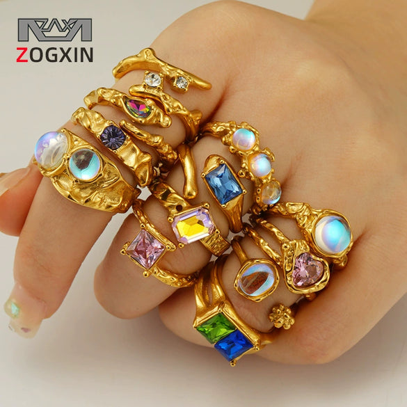 Wholesale Women's Retro Hip Hop 316L Stainless Steel Moonstone Ring With Irregular Geometric Line And Heart Pattern Microinlay