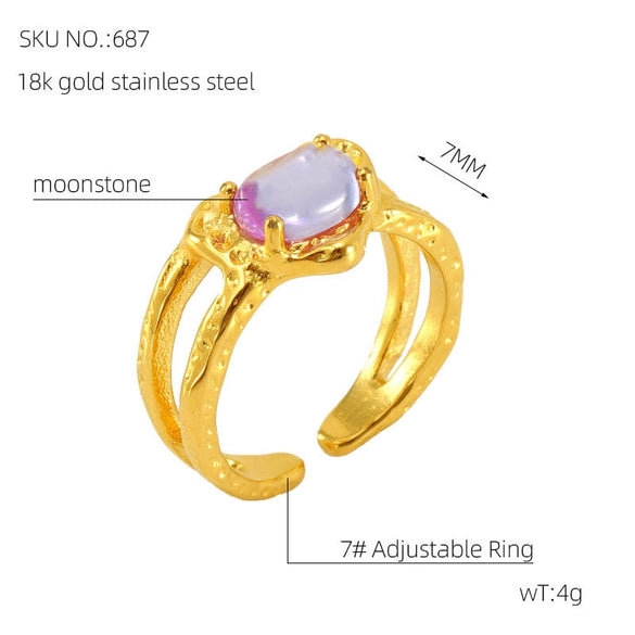 Wholesale Women's Retro Hip Hop 316L Stainless Steel Moonstone Ring With Irregular Geometric Line And Heart Pattern Microinlay