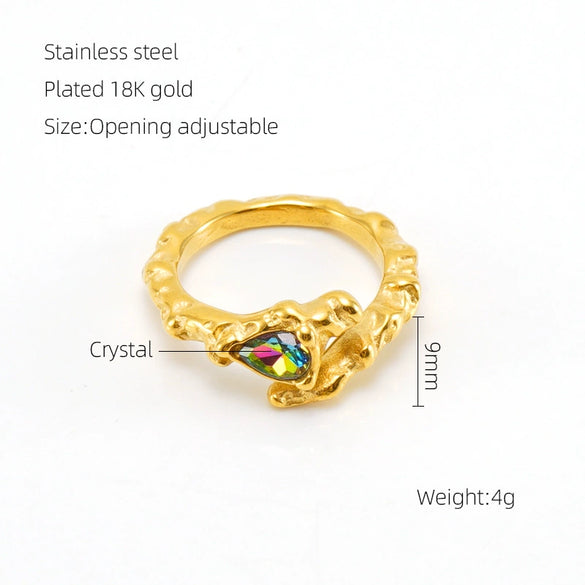Wholesale Women's Retro Hip Hop 316L Stainless Steel Moonstone Ring With Irregular Geometric Line And Heart Pattern Microinlay
