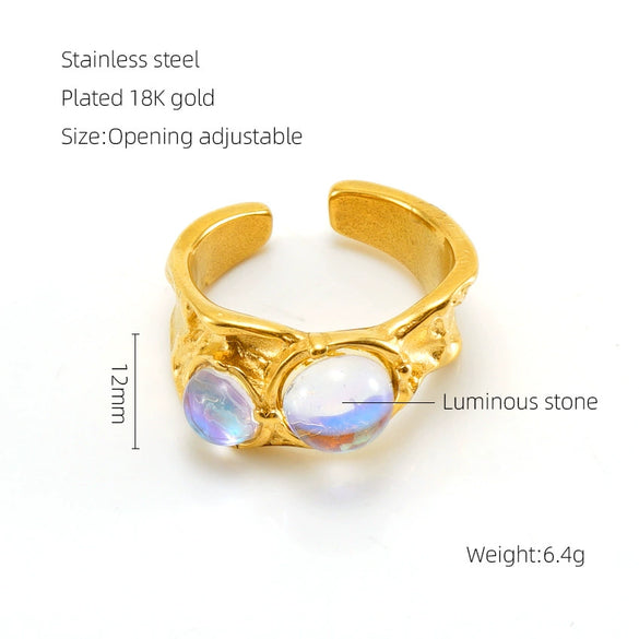 Wholesale Women's Retro Hip Hop 316L Stainless Steel Moonstone Ring With Irregular Geometric Line And Heart Pattern Microinlay