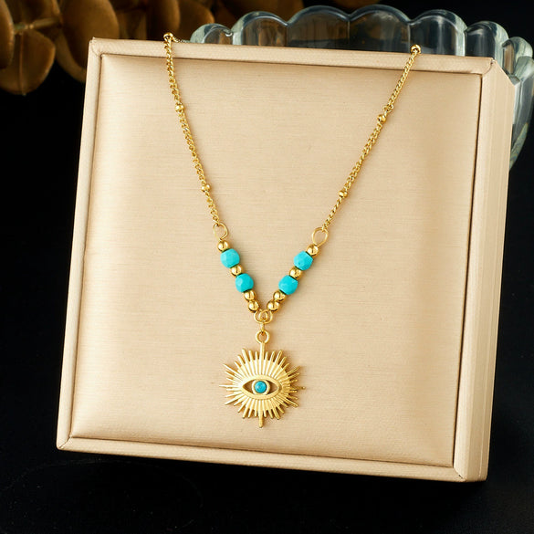 Wholesale Women's Retro Hollow Geometric Eye Pattern Stainless Steel Gold Electroplated Pendant Necklace