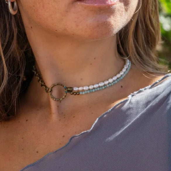 Wholesale Women's Retro Imitation Pearl Glass Alloy Geometric O Chain Necklace With Electroplating