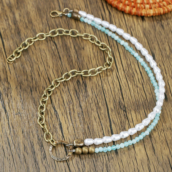 Wholesale Women's Retro Imitation Pearl Glass Alloy Geometric O Chain Necklace With Electroplating