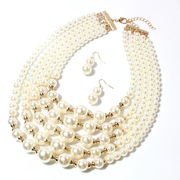 Wholesale Women's Retro Imitation Pearl Multilayered Necklaces With Snake Bone Chain And Baking Paint Design