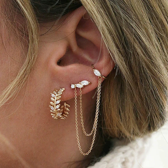 Wholesale Women's Retro Leaf Geometric Hoop And Chain Earrings Copper Plated With Real Gold And Zirconia Design