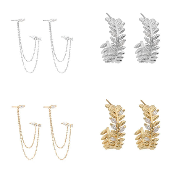Wholesale Women's Retro Leaf Geometric Hoop And Chain Earrings Copper Plated With Real Gold And Zirconia Design