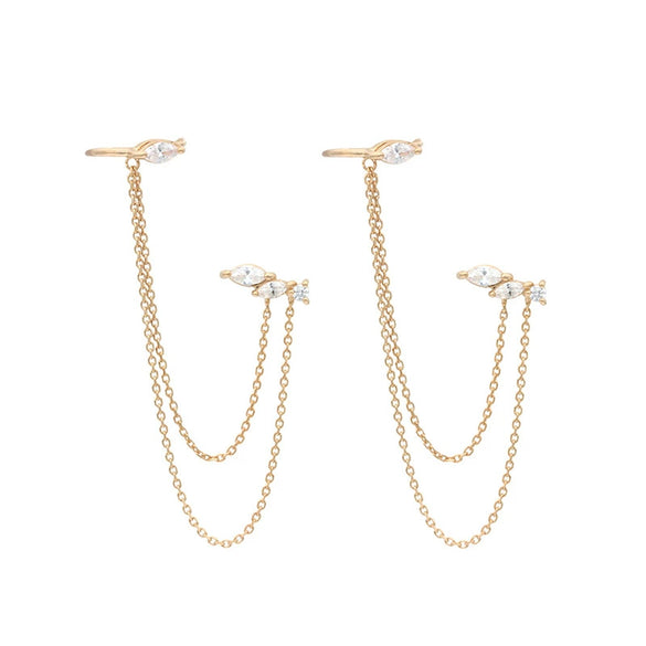 Wholesale Women's Retro Leaf Geometric Hoop And Chain Earrings Copper Plated With Real Gold And Zirconia Design
