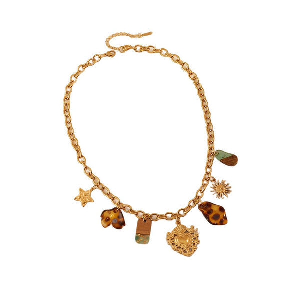Wholesale Women's Retro Leopard Print Flower Titanium Steel Real Gold Plated Necklace In Maillard Style