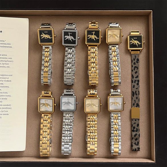 Wholesale Women's Retro Leopard Square Steel Band Wristwatch With Ordinary Glass Mirror Medieval Style