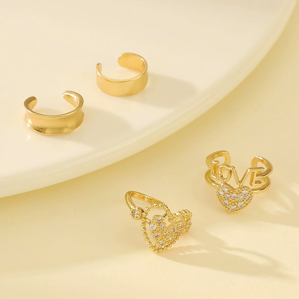 Wholesale Women's Retro Light Luxury Copper Ear Clip Inlaid Zircon With Geometric Heart Letters Numbers Text Design