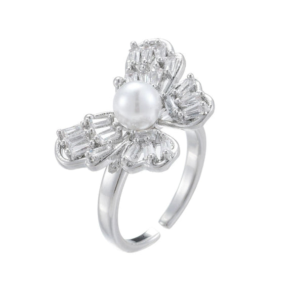 Wholesale Women's Retro Light Luxury Geometric Copper Pearl Butterfly Ring Inlaid With Zircon And Electroplated