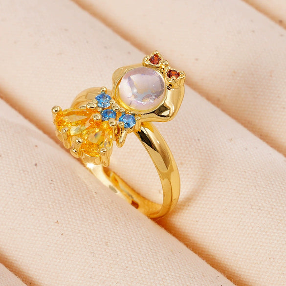 Wholesale Women's Retro Light Luxury Geometric Copper Pearl Butterfly Ring Inlaid With Zircon And Electroplated