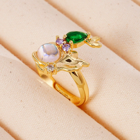 Wholesale Women's Retro Light Luxury Geometric Copper Pearl Butterfly Ring Inlaid With Zircon And Electroplated