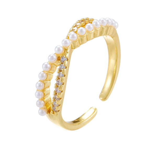Wholesale Women's Retro Light Luxury Geometric Copper Pearl Butterfly Ring Inlaid With Zircon And Electroplated