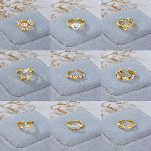 Wholesale Women's Retro Light Luxury Geometric Copper Pearl Butterfly Ring Inlaid With Zircon And Electroplated