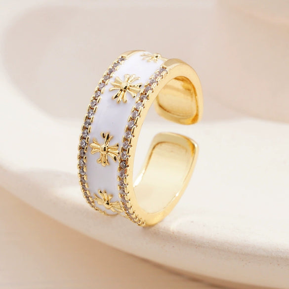 Wholesale Women's Retro Light Luxury Geometric Copper Pearl Butterfly Ring Inlaid With Zircon And Electroplated