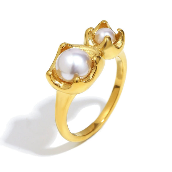 Wholesale Women's Retro Light Luxury Geometric Flower Pattern 18K Gold Plated Stainless Steel Ring Hand Jewelry