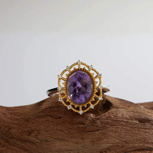 Wholesale Women's Retro Light Luxury Geometric S925 Sterling Silver Ring Inlaid With Natural Amethyst And Set With Gemstones