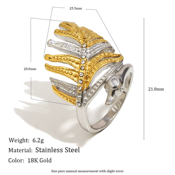 Wholesale Women's Retro Light Luxury Geometric Stainless Steel Electroplated Gold Leaf Ring Hand Jewelry