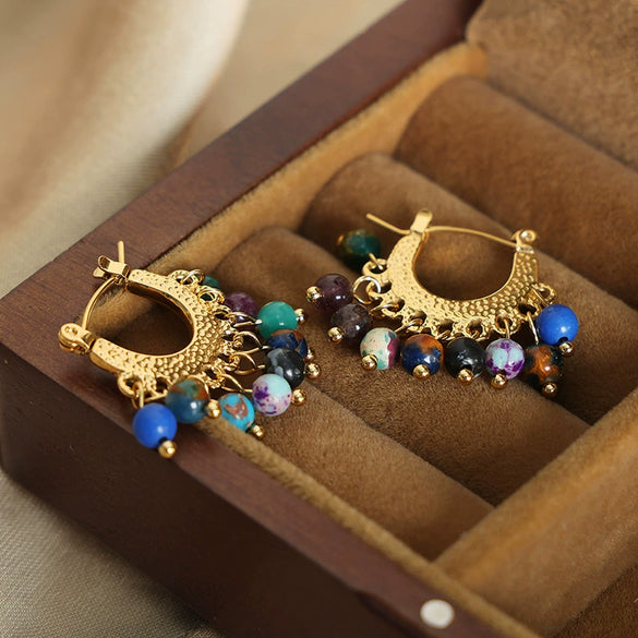 Wholesale Women's Retro Light Luxury Geometric Titanium Steel Goldplated Natural Agate Beaded Earrings