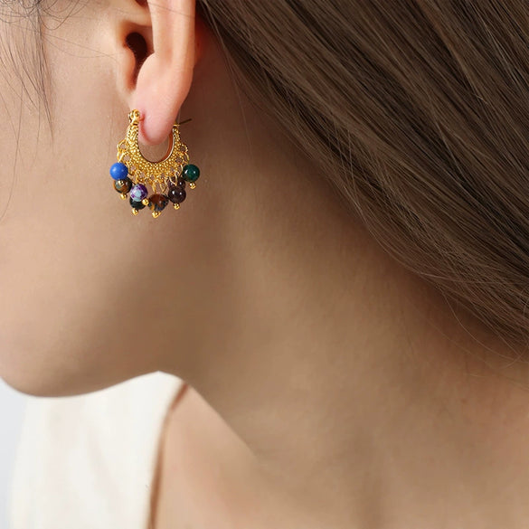 Wholesale Women's Retro Light Luxury Geometric Titanium Steel Goldplated Natural Agate Beaded Earrings