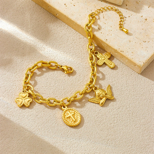 Wholesale Women's Retro Light Luxury Oval Cross Angel Pendant Stainless Steel Goldplated Bracelet