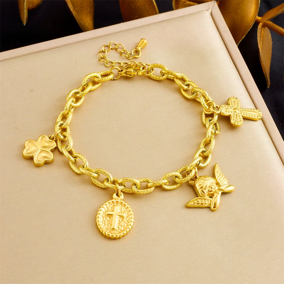 Wholesale Women's Retro Light Luxury Oval Cross Angel Pendant Stainless Steel Goldplated Bracelet