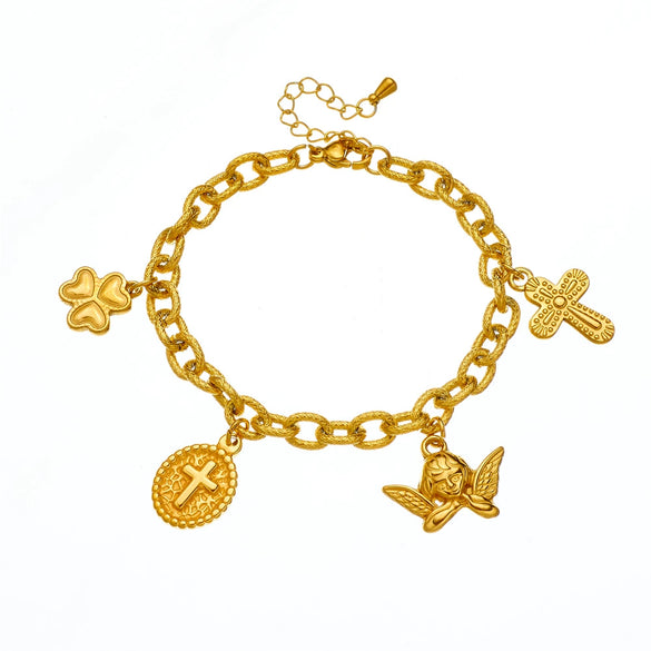 Wholesale Women's Retro Light Luxury Oval Cross Angel Pendant Stainless Steel Goldplated Bracelet