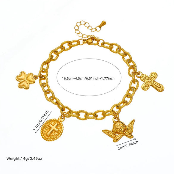 Wholesale Women's Retro Light Luxury Oval Cross Angel Pendant Stainless Steel Goldplated Bracelet
