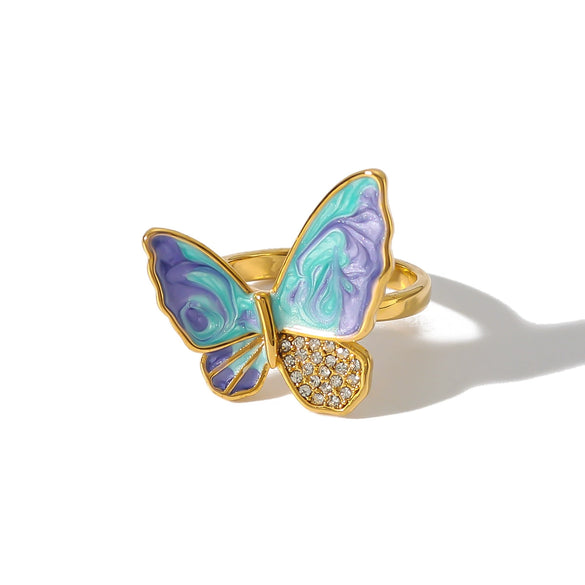 Wholesale Women's Retro Light Luxury Ring In Blue Purple Oil Drop With Diamond Butterfly Design Made Of Stainless Steel With 18K Furnace Vacuum Plating