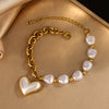 Wholesale Women's Retro Light Luxury Stainless Steel Heart Shape Pearl Necklace Bracelet Set 18K Gold Plated Jewelry