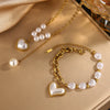 Wholesale Women's Retro Light Luxury Stainless Steel Heart Shape Pearl Necklace Bracelet Set 18K Gold Plated Jewelry