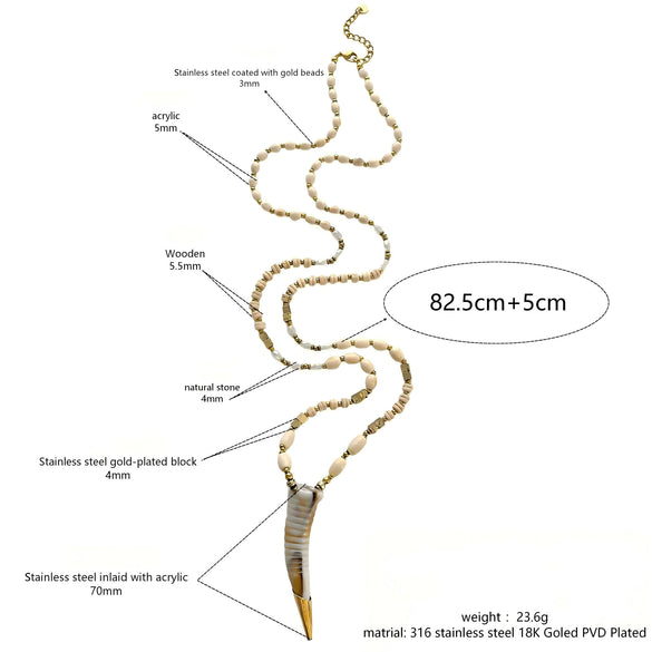 Wholesale Women's Retro Long Stackable Necklace With Geometric Acrylic Pendant And Handmade Stainless Steel Beaded Chain Polished Plating