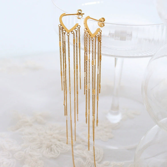 Wholesale Women's Retro Long Tassel Design Titanium Steel Earrings With Geometric Style And 18K Gold Electroplating