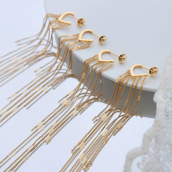 Wholesale Women's Retro Long Tassel Design Titanium Steel Earrings With Geometric Style And 18K Gold Electroplating