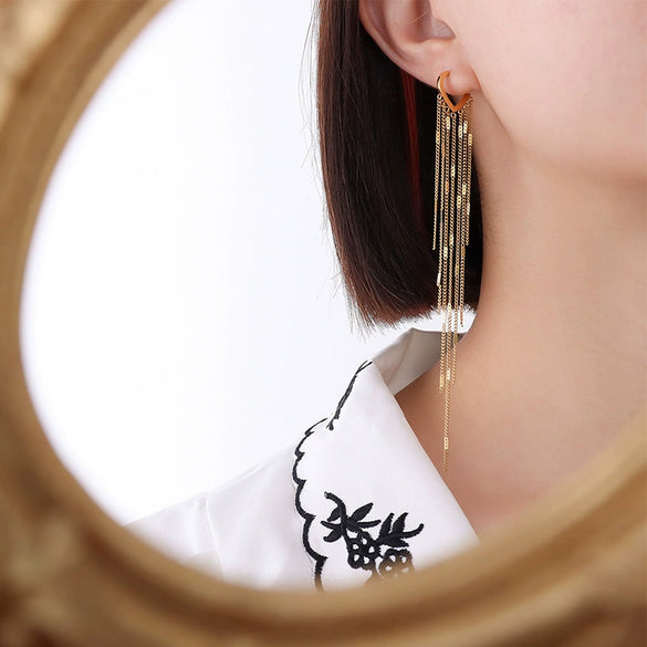 Wholesale Women's Retro Long Tassel Design Titanium Steel Earrings With Geometric Style And 18K Gold Electroplating