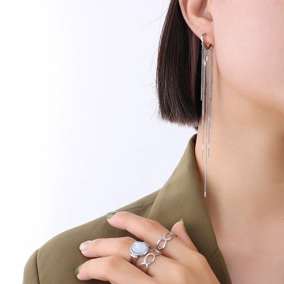 Wholesale Women's Retro Long Tassel Design Titanium Steel Earrings With Geometric Style And 18K Gold Electroplating