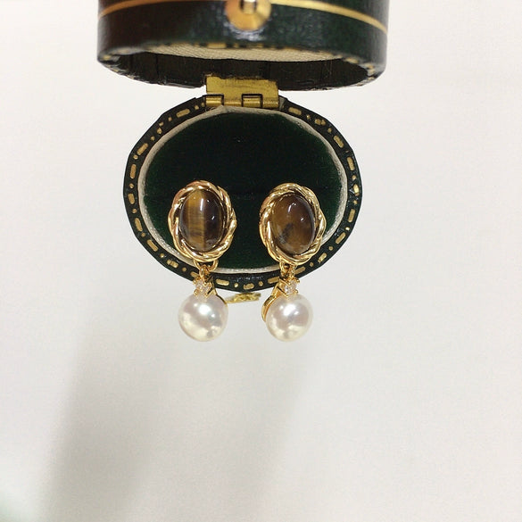 Wholesale Women's Retro Maillard Style Natural Freshwater Pearl Earrings With Alloy Inlaid Artificial And Semiprecious Stones Oblate Shape