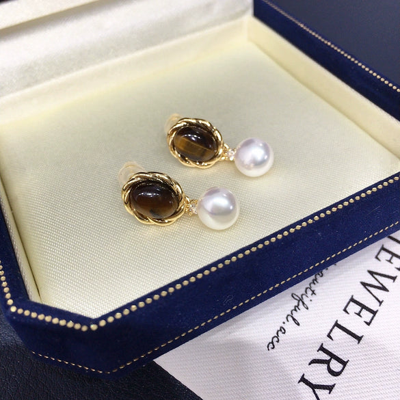Wholesale Women's Retro Maillard Style Natural Freshwater Pearl Earrings With Alloy Inlaid Artificial And Semiprecious Stones Oblate Shape