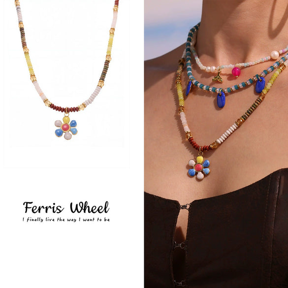 Wholesale Women's Retro Minimalist Geometric Ferris Wheel Necklace With Freshwater Pearl Agate And Stainless Steel Electroplated Pendant