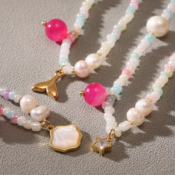 Wholesale Women's Retro Minimalist Geometric Ferris Wheel Necklace With Freshwater Pearl Agate And Stainless Steel Electroplated Pendant