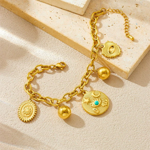 Wholesale Women's Retro Multielement Pendant Stainless Steel Chain Bracelet With Heart Shape And Electroplating Design