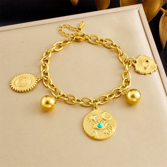 Wholesale Women's Retro Multielement Pendant Stainless Steel Chain Bracelet With Heart Shape And Electroplating Design