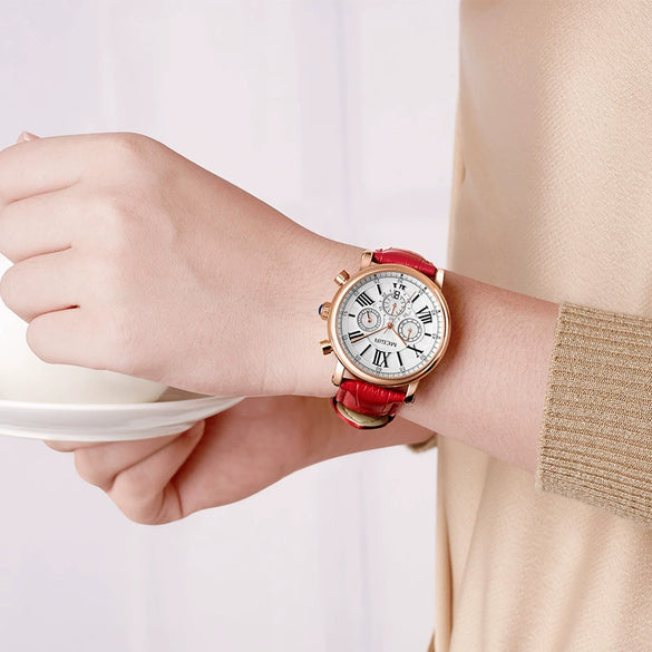 Wholesale Women's Retro Multifunction Chronograph Waterproof Quartz Watch Alloy Case Genuine Leather Strap Round Dial