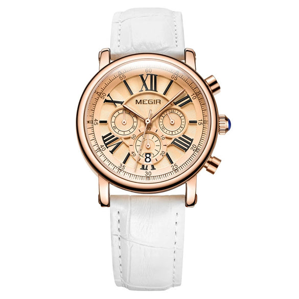 Wholesale Women's Retro Multifunction Chronograph Waterproof Quartz Watch Alloy Case Genuine Leather Strap Round Dial
