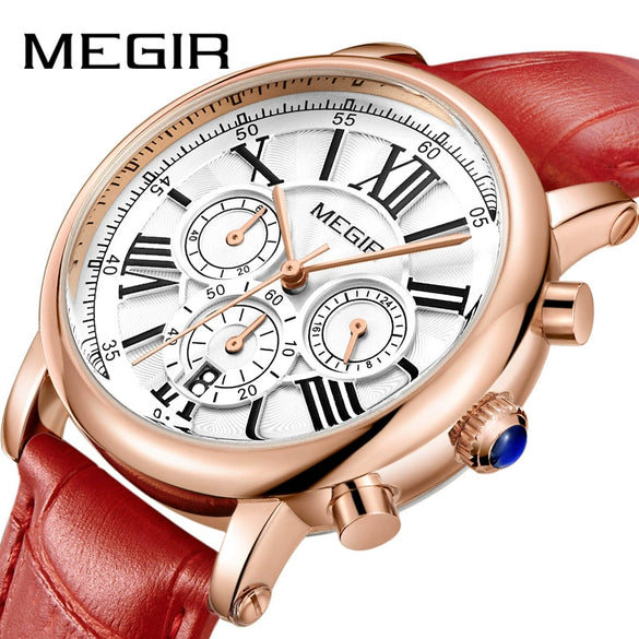 Wholesale Women's Retro Multifunction Chronograph Waterproof Quartz Watch Alloy Case Genuine Leather Strap Round Dial