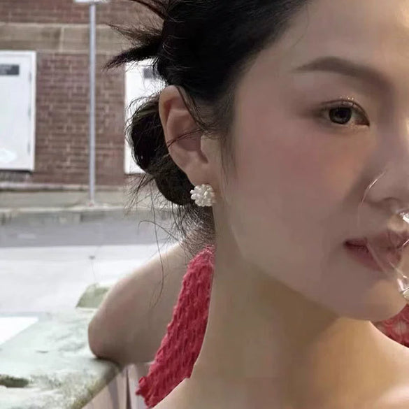 Wholesale Women's Retro Natural Freshwater Pearl Earrings With 925 Silver Needle And Handwoven Flower Ball Design